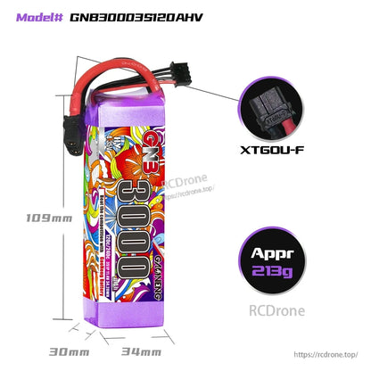 Battery size and weight diagram for model GNB30003S120AHV showing 109×34×30mm and approx 213g