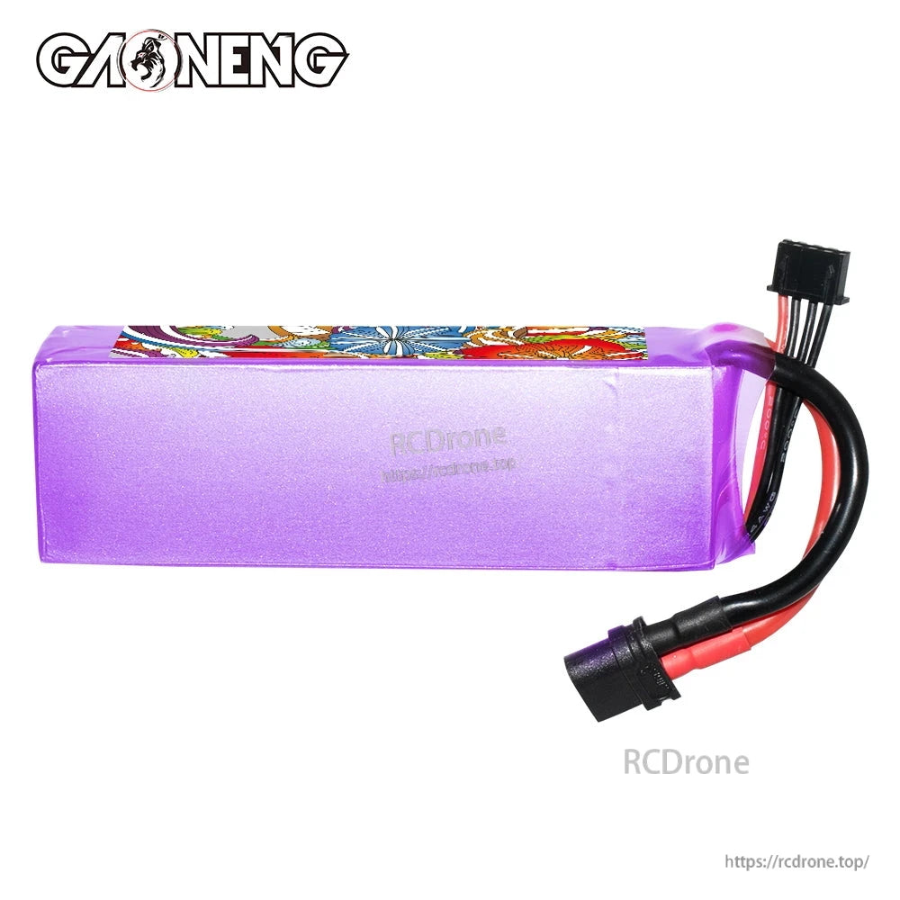 Plain purple side view of GAONENG GNB battery showing heatshrink wrap and cable exit end