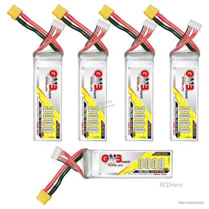 Set of four upright GNB 3000mAh batteries plus one horizontal battery, showing labels and leads