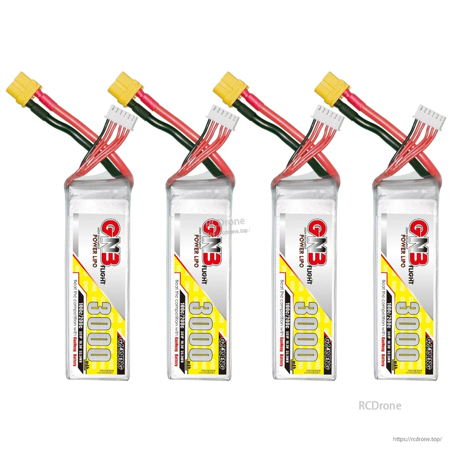 Four GNB 3000mAh LiPo batteries lineup, each with XT60 connector and balance plug