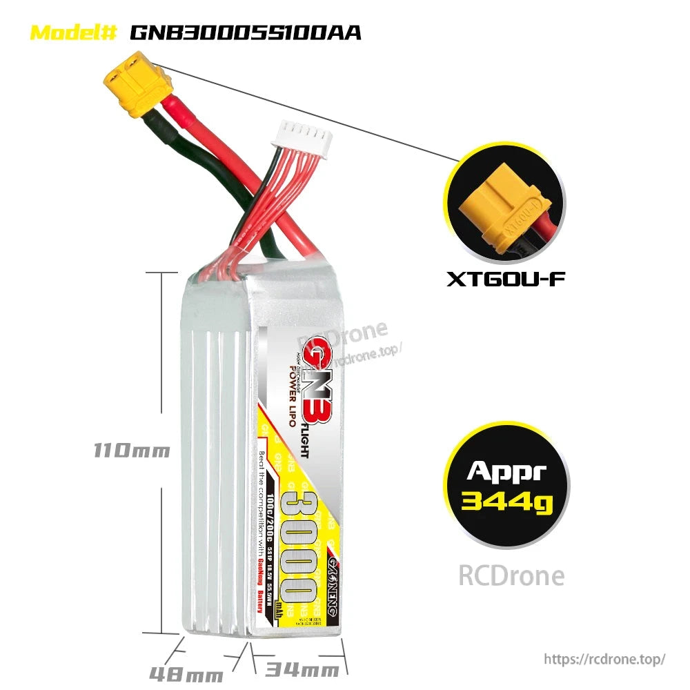 Battery dimensions and specs graphic: GNB30005S100AA, 110×48×34mm, approx 344g, XT60U-F