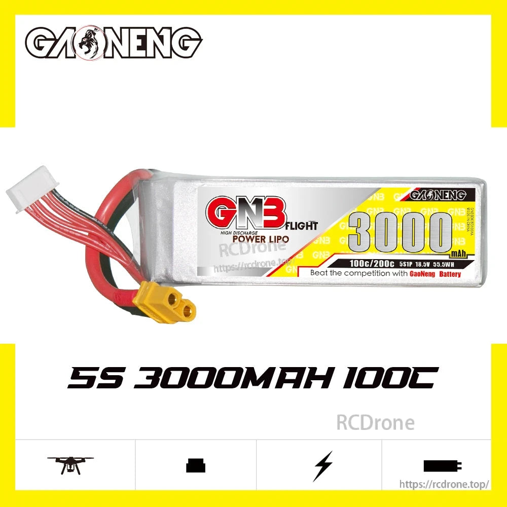 GAONENG GNB 5S 3000mAh 100C LiPo battery promo graphic, side profile with XT60 connector