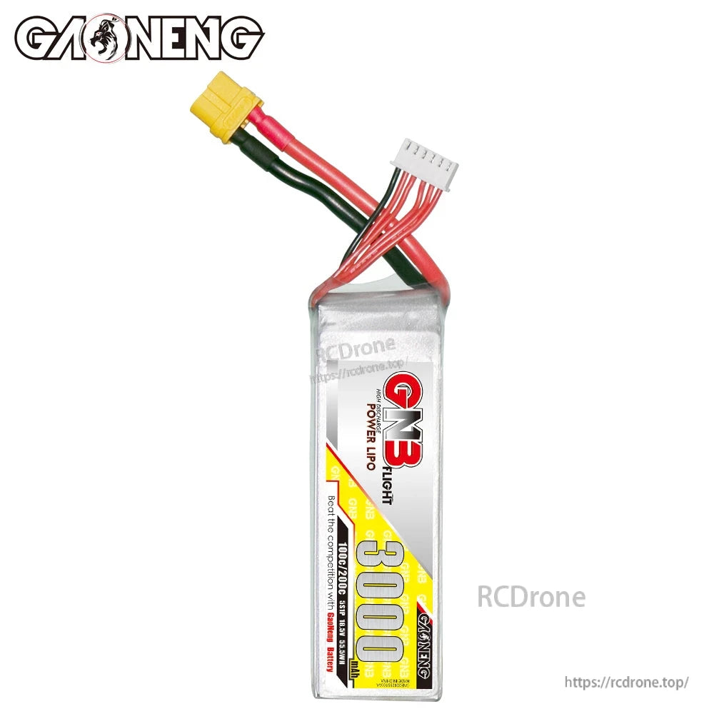 Front label view of GNB 3000mAh battery standing upright with XT60 lead and balance plug