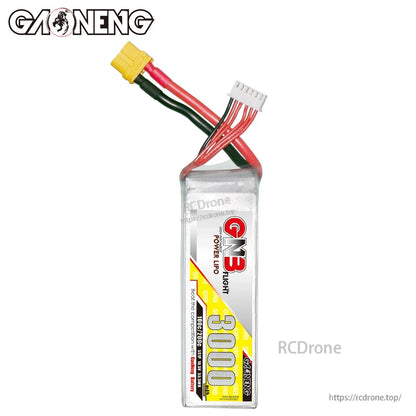 Front label view of GNB 3000mAh battery standing upright with XT60 lead and balance plug