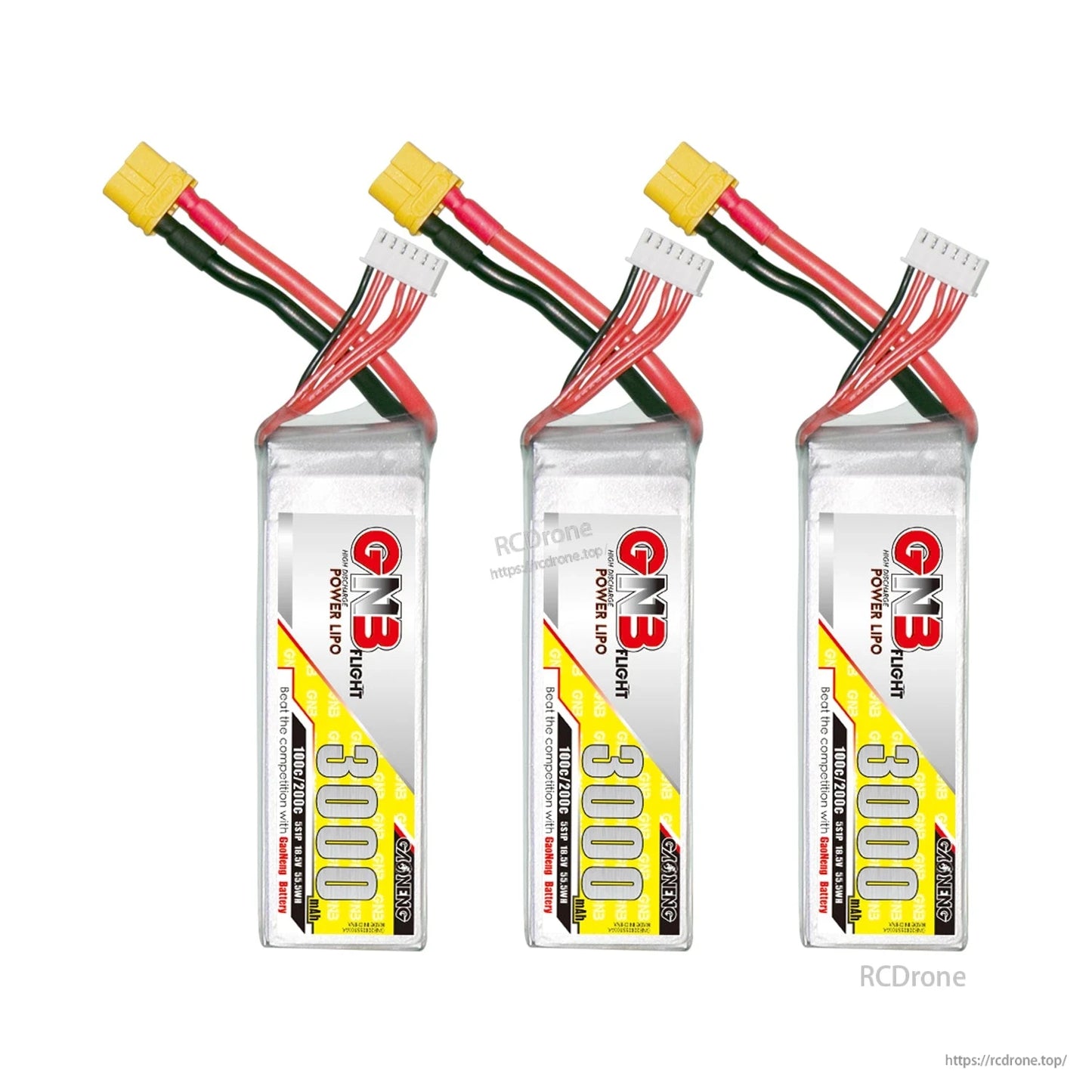 Three GNB 3000mAh LiPo batteries lineup with XT60 connectors and balance leads