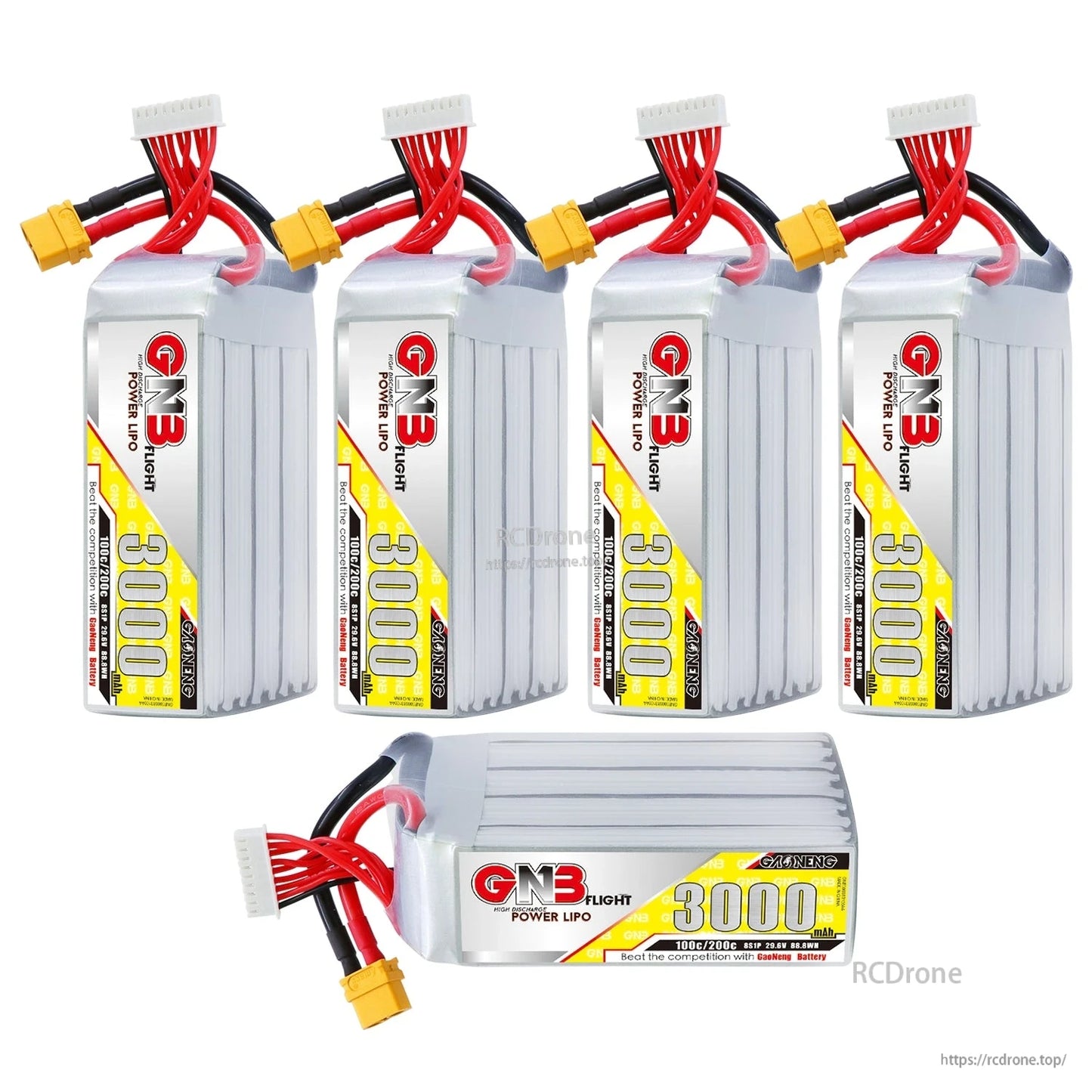 Bundle display showing four standing GNB 3000mAh packs plus one horizontal pack, connectors visible