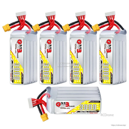Bundle display showing four standing GNB 3000mAh packs plus one horizontal pack, connectors visible