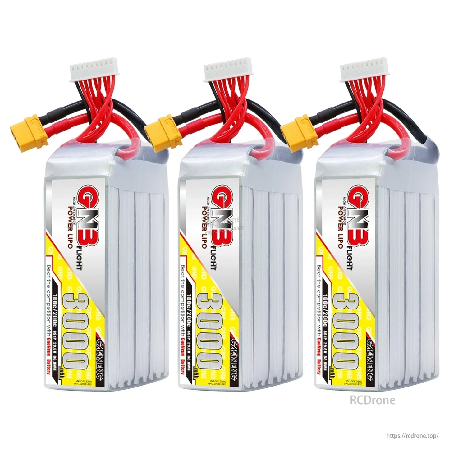 Three GNB 3000mAh LiPo batteries lined up, each with XT60 connector and balance lead