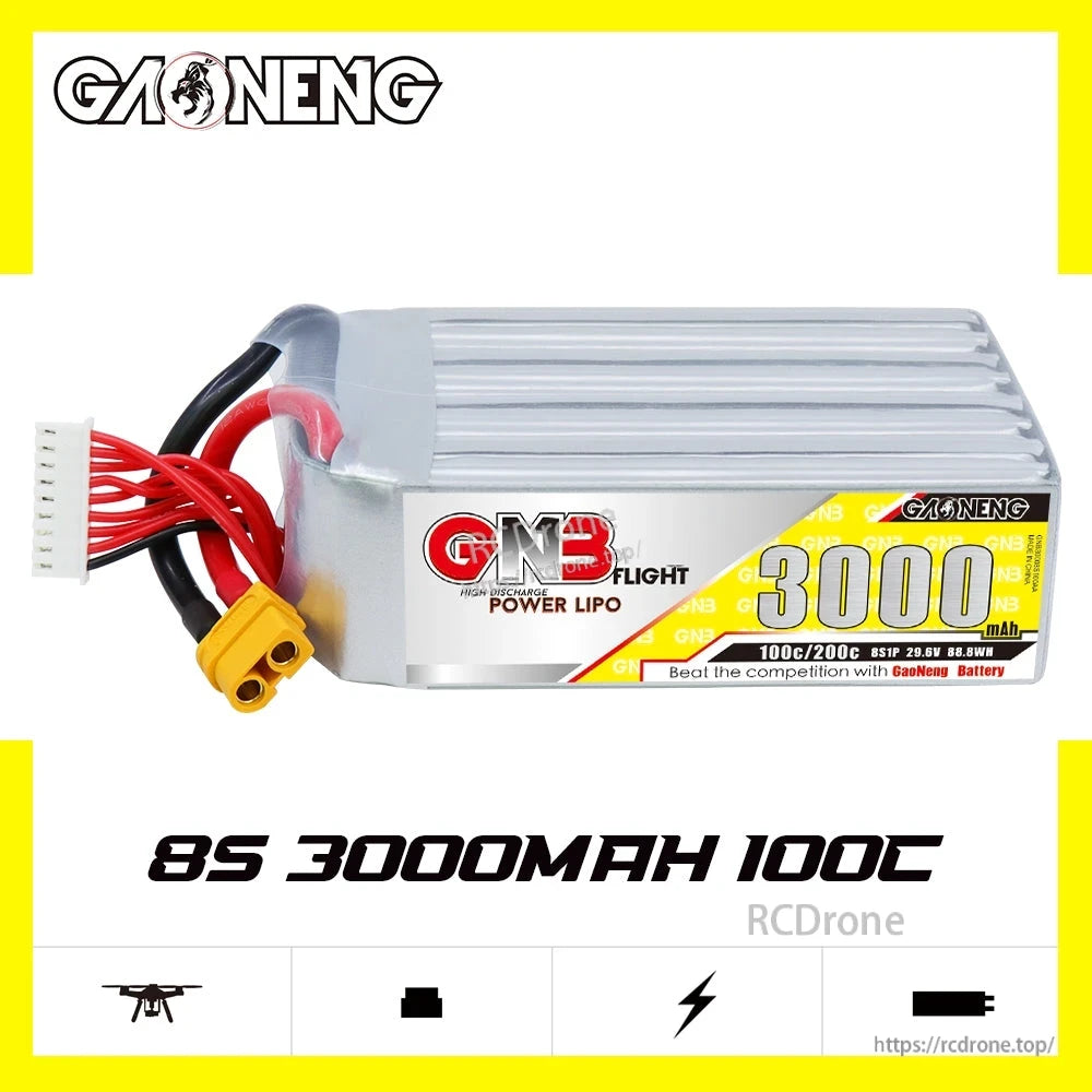 Side profile of GAONENG GNB30008S100AA 8S 3000mAh 100C LiPo battery with leads