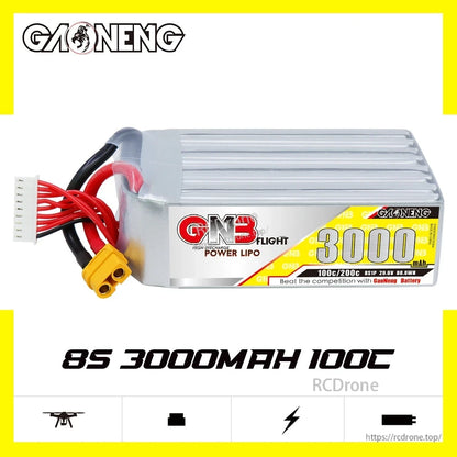 Side profile of GAONENG GNB30008S100AA 8S 3000mAh 100C LiPo battery with leads