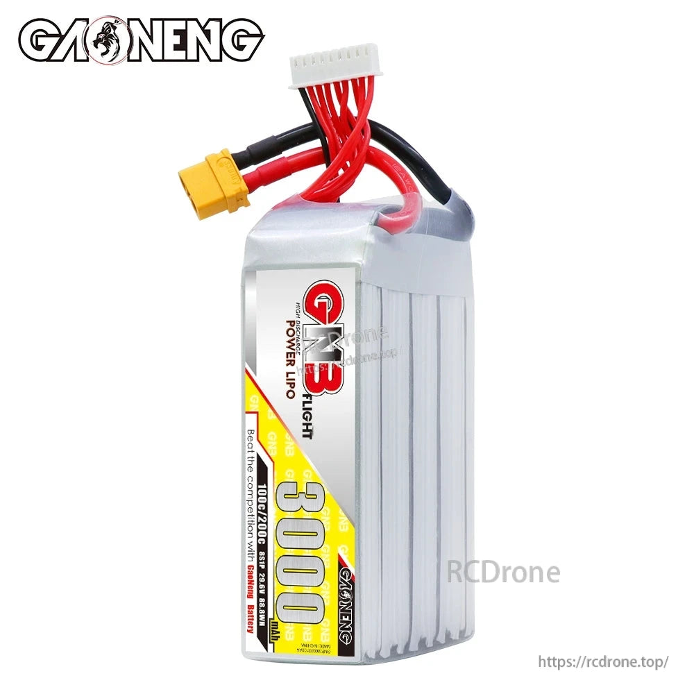 Front label view of GNB 3000mAh LiPo battery showing wiring harness and balance connector
