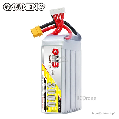Front label view of GNB 3000mAh LiPo battery showing wiring harness and balance connector