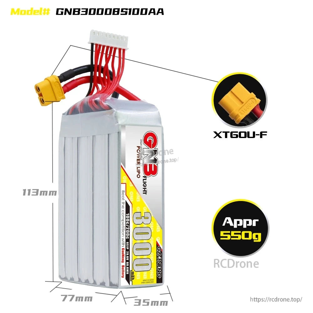 GNB30008S100AA battery dimensions graphic with XT60U-F connector close-up and approx 550g weight