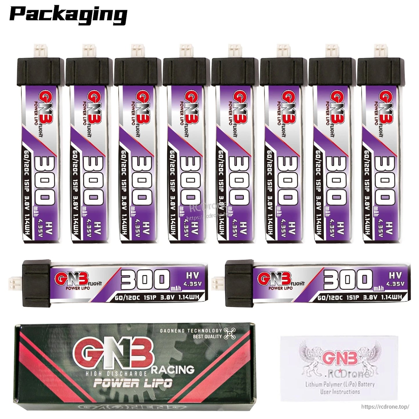 Packaging layout with ten upright GNB 300mAh LiHV batteries, two horizontal batteries, box, and manual