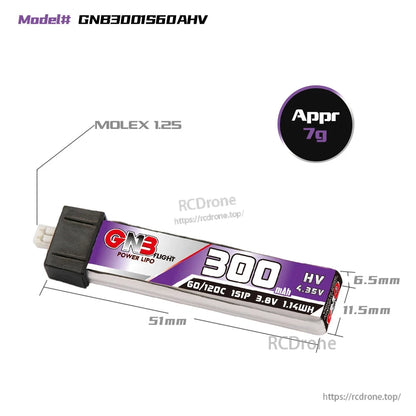 GNB3001S60AHV battery size diagram with Molex 1.25 plug, 51mm length and approx 7g weight