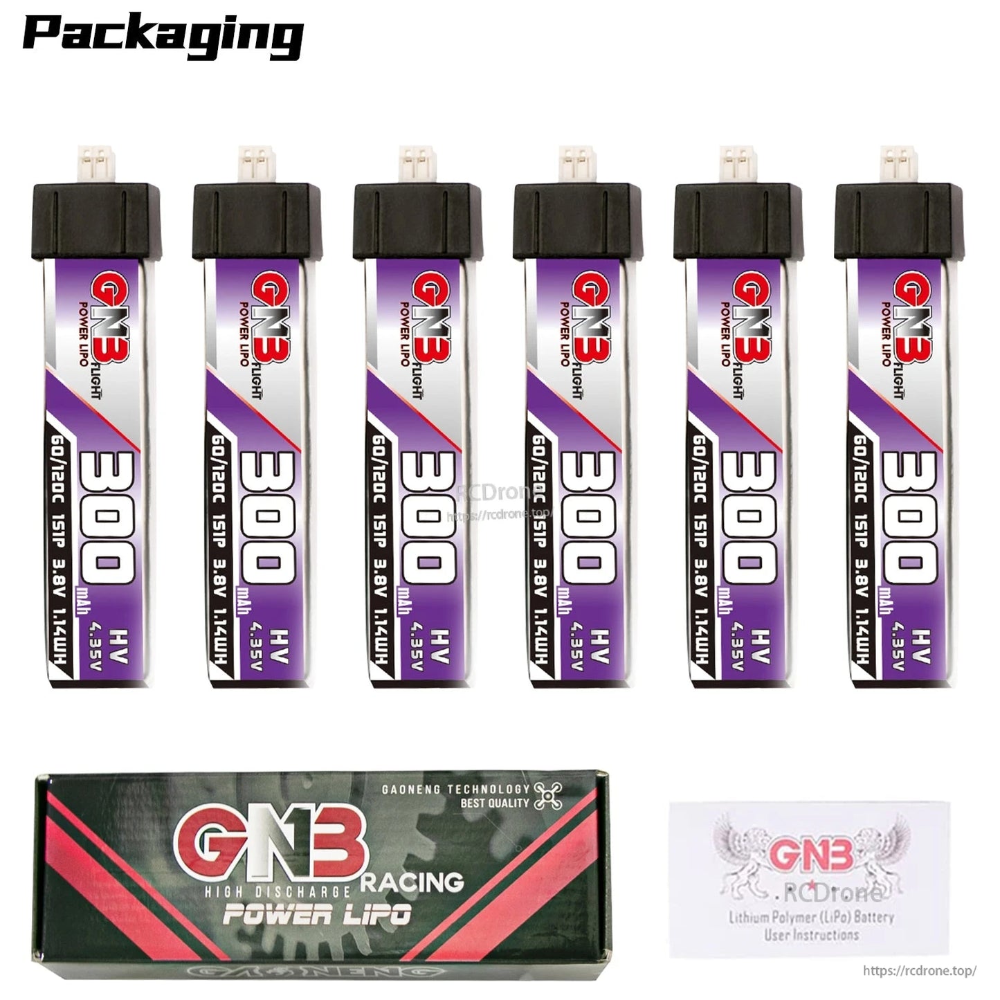 Packaging photo showing six GNB 300mAh LiHV 1S batteries with retail box and user instructions card