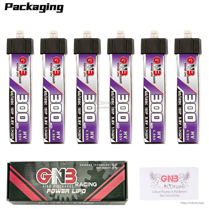 Packaging photo showing six GNB 300mAh LiHV 1S batteries with retail box and user instructions card