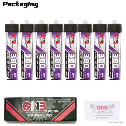 Packaging image with eight GNB 300mAh LiHV 1S batteries plus GNB Racing Power LiPo box and manual