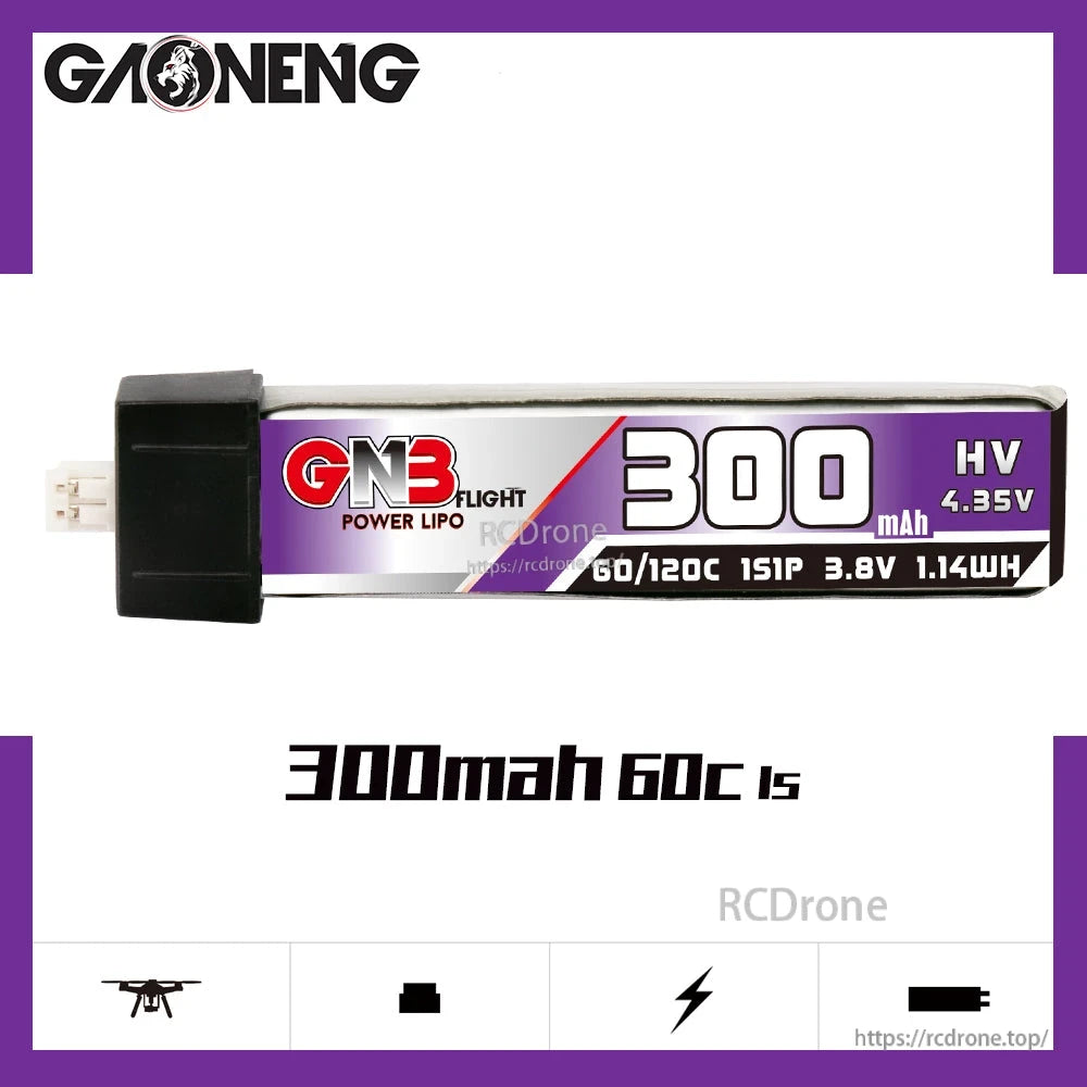 GNB 300mAh 60C 1S LiHV 3.8V battery label close-up showing HV 4.35V marking and specs