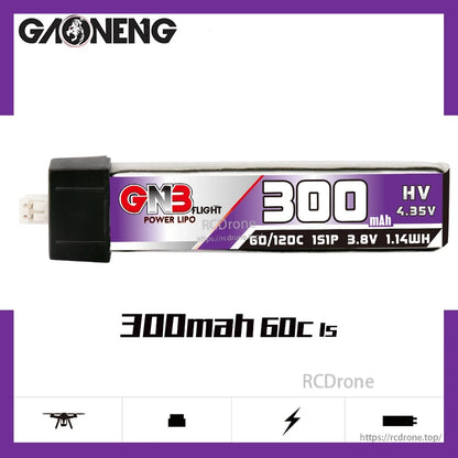 GNB 300mAh 60C 1S LiHV 3.8V battery label close-up showing HV 4.35V marking and specs
