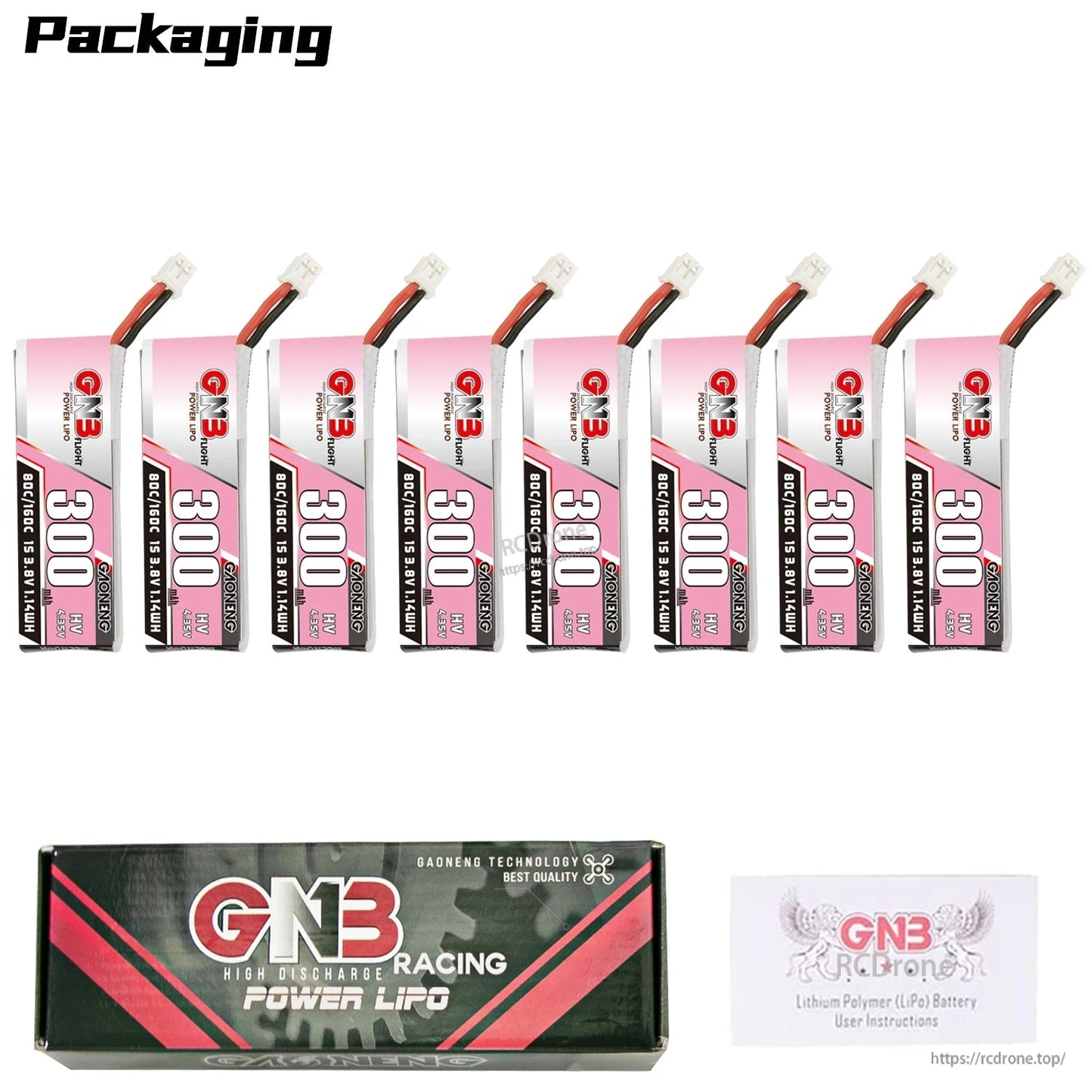 Packaging contents: eight GNB300 300mAh batteries shown with GNB Racing box and instruction card