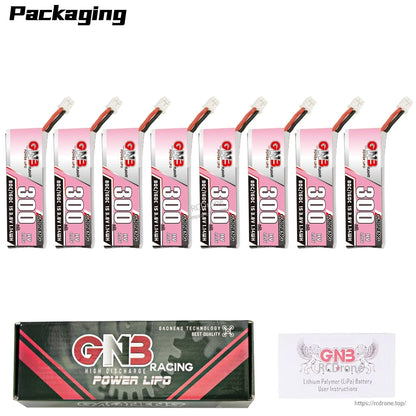 Packaging contents: eight GNB300 300mAh batteries shown with GNB Racing box and instruction card
