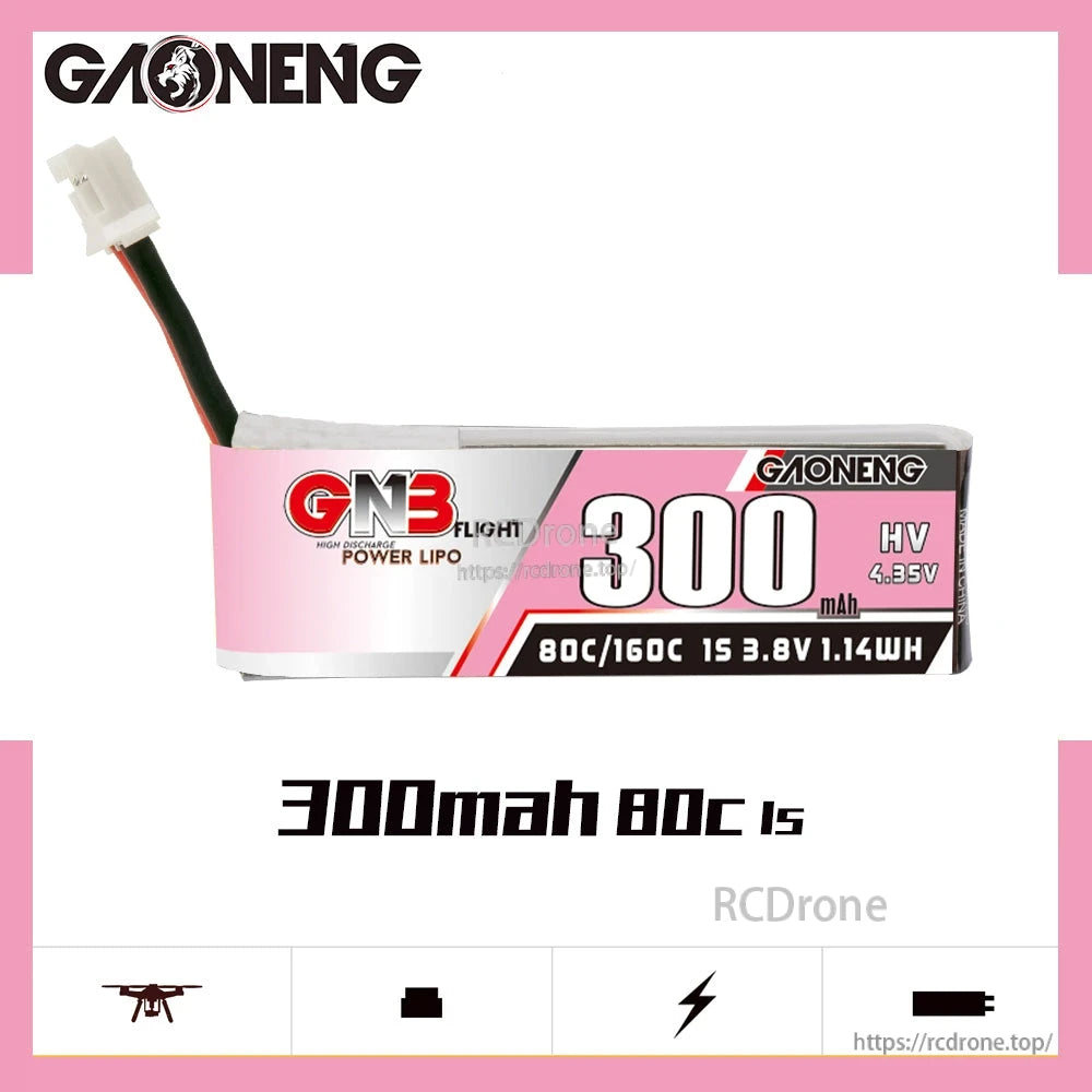 GAONENG GNB300 300mAh 80C 1S battery product banner showing label and icon row