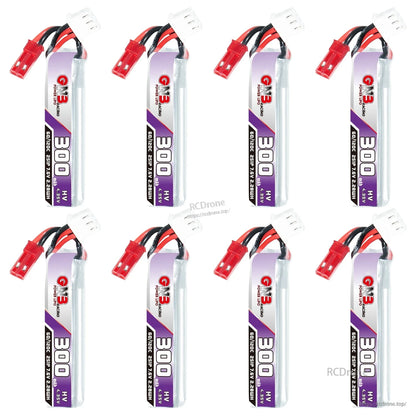 Eight GAONENG 300mAh HV 2S LiHV batteries shown upright with JST connectors and balance plugs