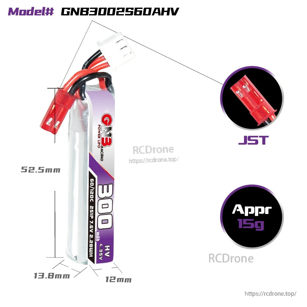 GNB3002S60AHV battery size diagram showing 52.5mm length, 12mm width, 13.8mm thickness, JST plug