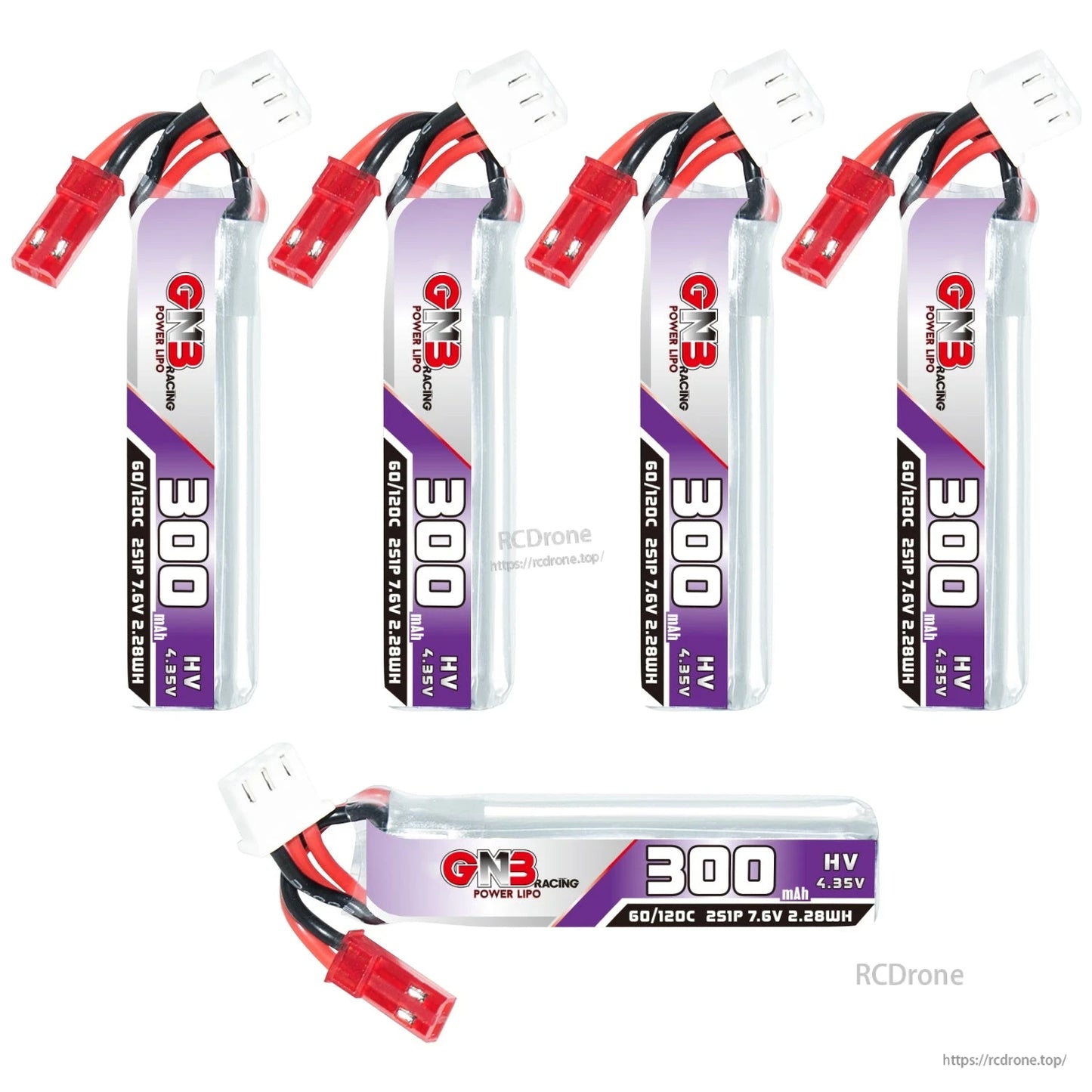 Group photo showing five vertical GAONENG GNB 300mAh HV batteries plus one horizontal battery