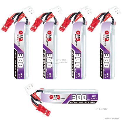 Group photo showing five vertical GAONENG GNB 300mAh HV batteries plus one horizontal battery