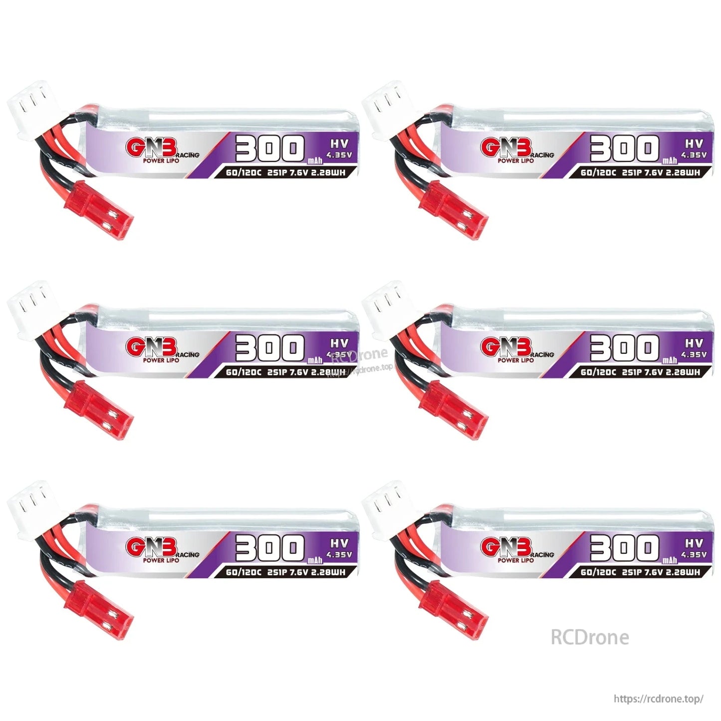 Six GAONENG 300mAh HV 2S LiHV batteries shown in horizontal layout with JST leads visible