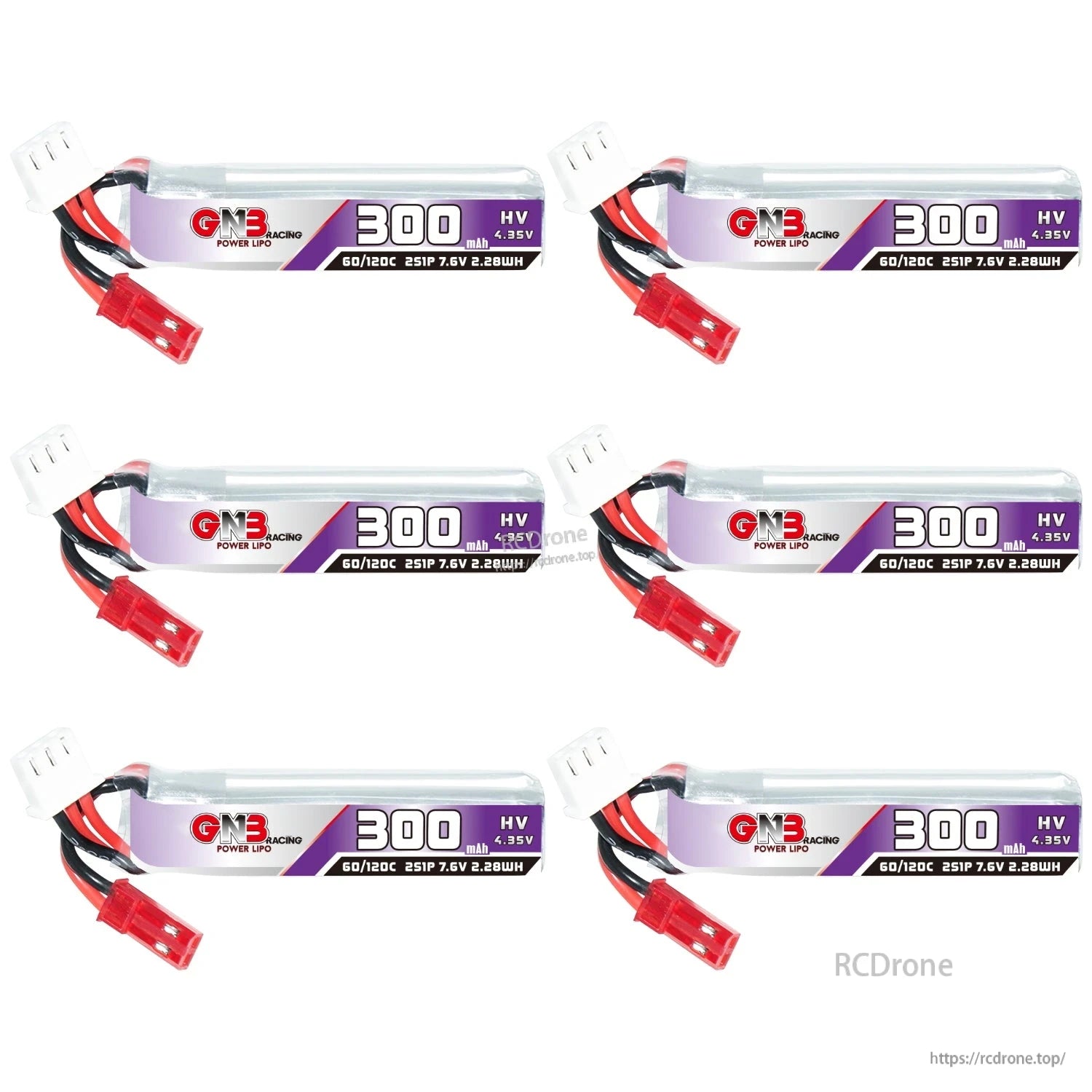 Six GAONENG 300mAh HV 2S LiHV batteries shown in horizontal layout with JST leads visible