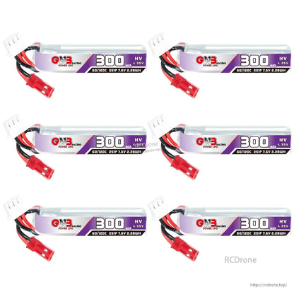Six GAONENG 300mAh HV 2S LiHV batteries shown in horizontal layout with JST leads visible