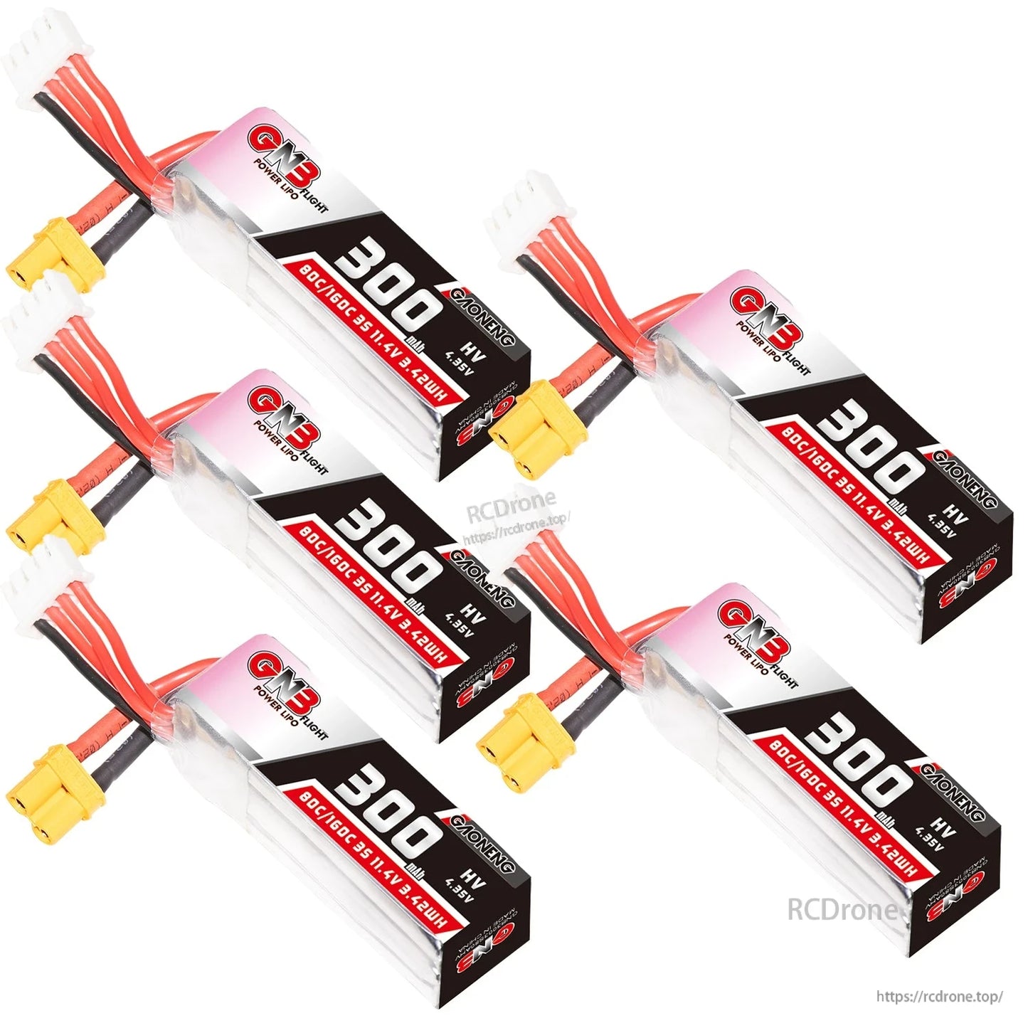 Four GNB 300mAh LiHV batteries arranged diagonally, showing XT30 power plugs and balance leads