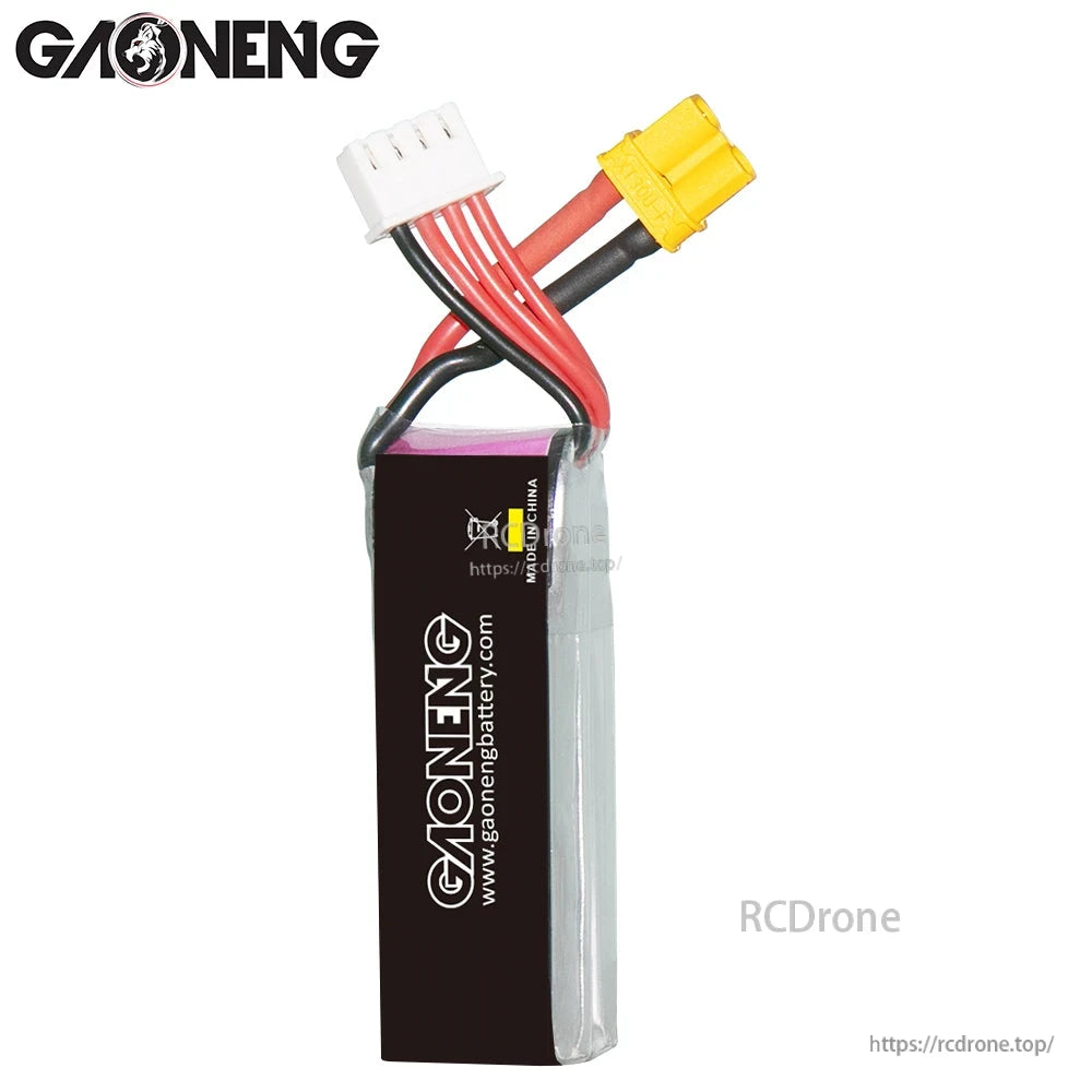 Rear/side view of GAONENG 300mAh battery showing black label panel and lead wires