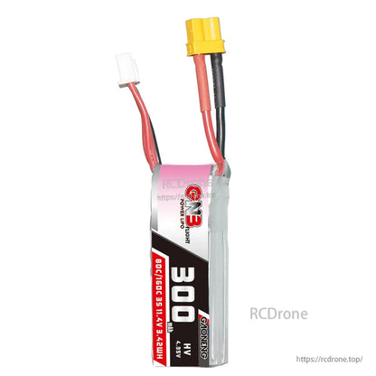 Upright view of GNB 300mAh LiHV battery showing front label and attached XT30 and balance leads
