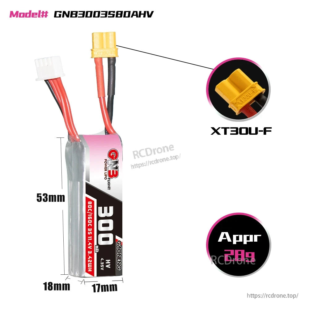 GNB3003S80AHV battery size diagram (53×18×17 mm) with XT30U-F connector close-up