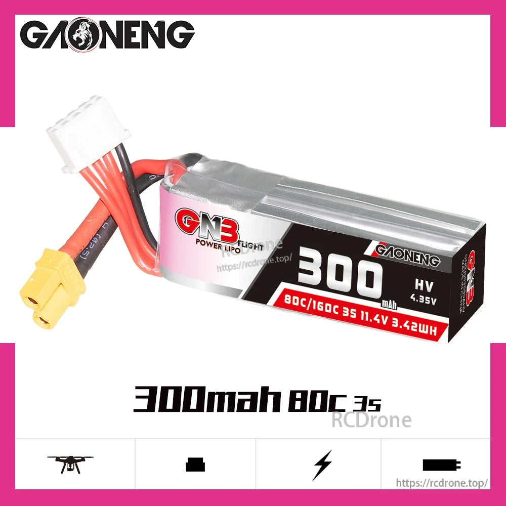 GAONENG GNB300 300mAh 80C 3S LiHV battery graphic showing pack and key rating text