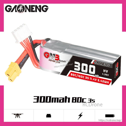 GAONENG GNB300 300mAh 80C 3S LiHV battery graphic showing pack and key rating text
