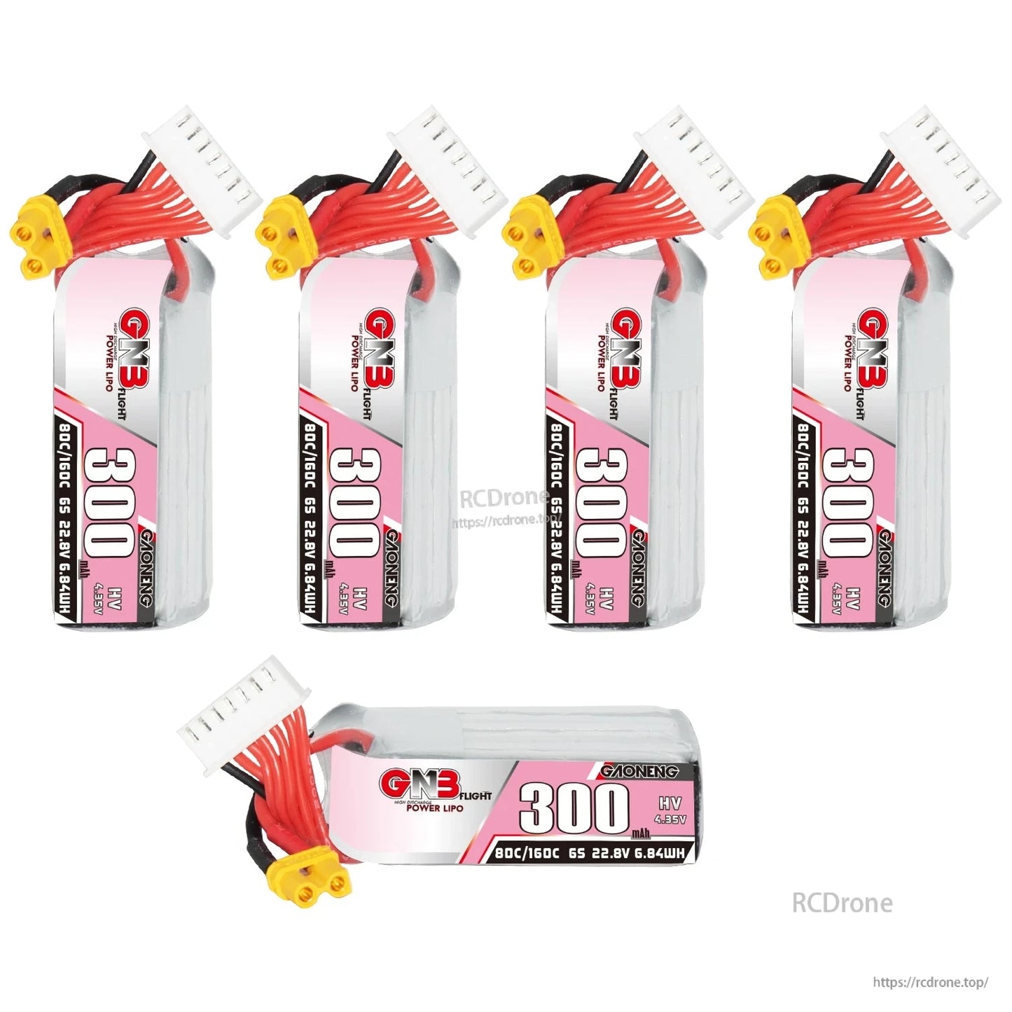 Bundle layout showing five GNB 300mAh HV 6S batteries: four upright plus one horizontal