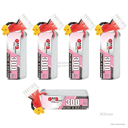 Bundle layout showing five GNB 300mAh HV 6S batteries: four upright plus one horizontal