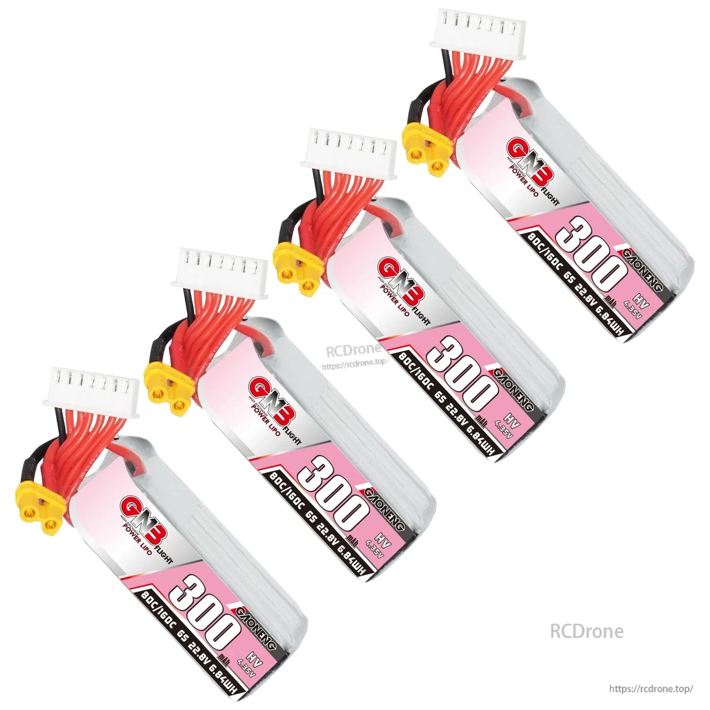 Four GNB 300mAh HV 6S batteries shown at an angle, each with XT30 connector and balance plug