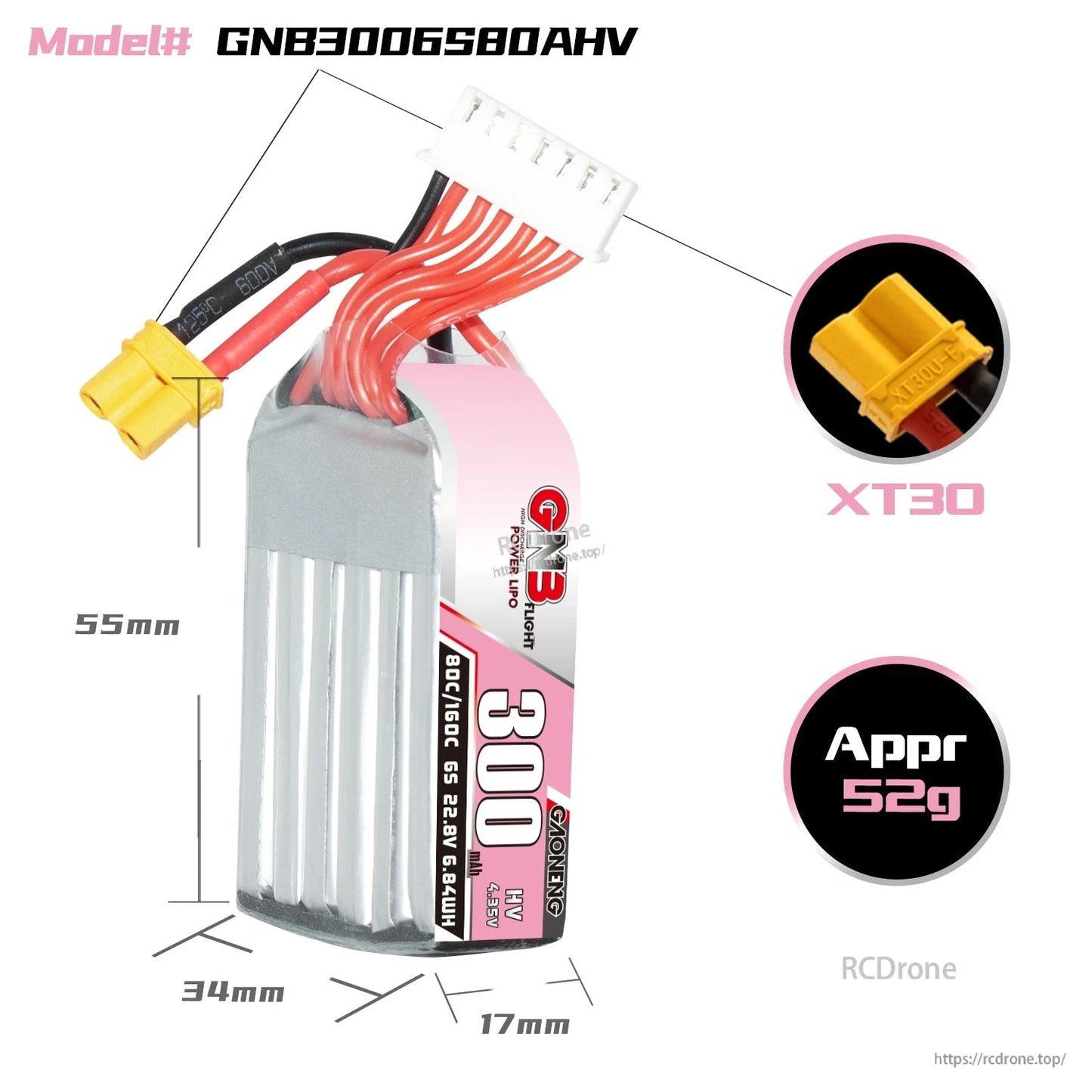 Battery dimensions and weight diagram for GNB3006S80AHV, XT30 plug close-up, approx 52g