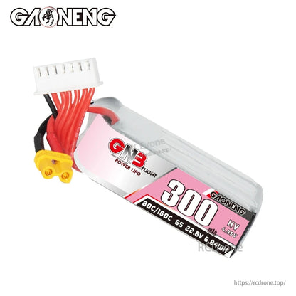 Top-down angled view of GNB 300mAh HV 6S LiPo pack with XT30 connector and balance lead