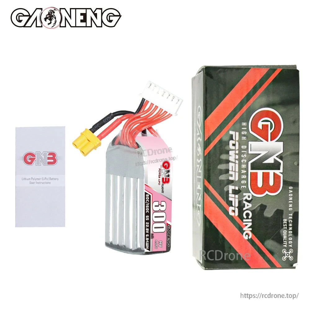 Package contents: GNB 300mAh 6S battery, retail box, and instruction leaflet