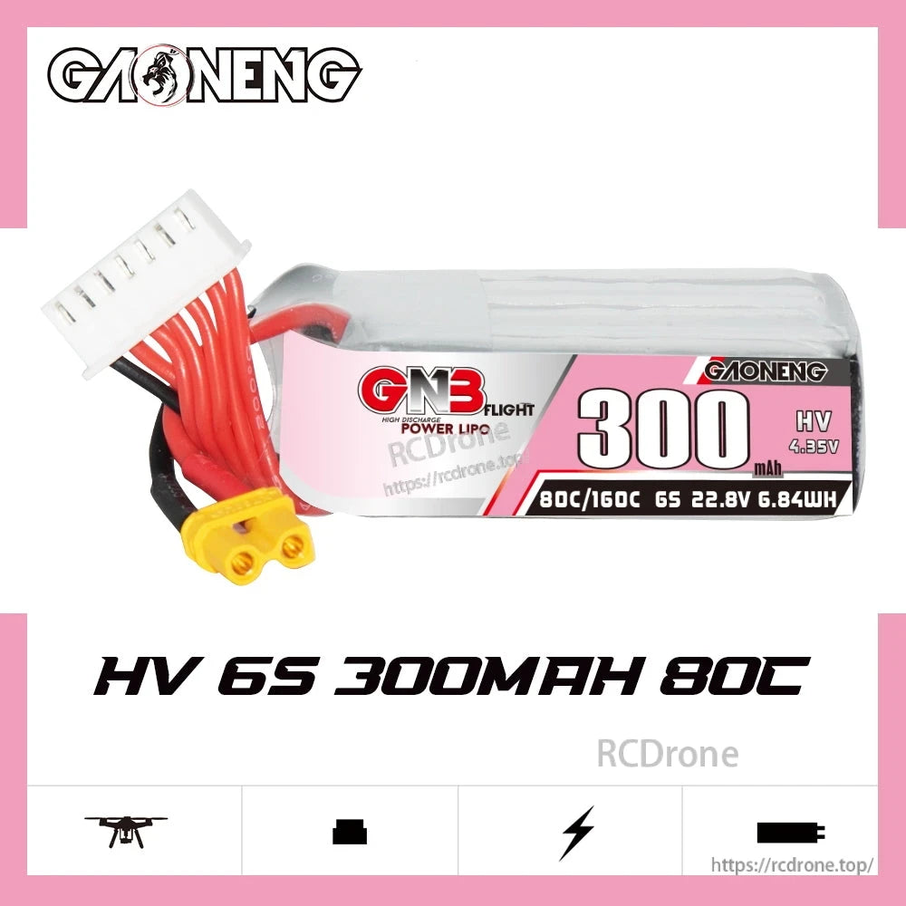 GAONENG HV 6S 300mAh 80C battery product graphic with model text and feature icons