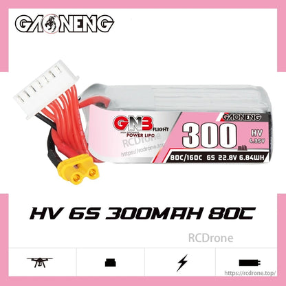 GAONENG HV 6S 300mAh 80C battery product graphic with model text and feature icons