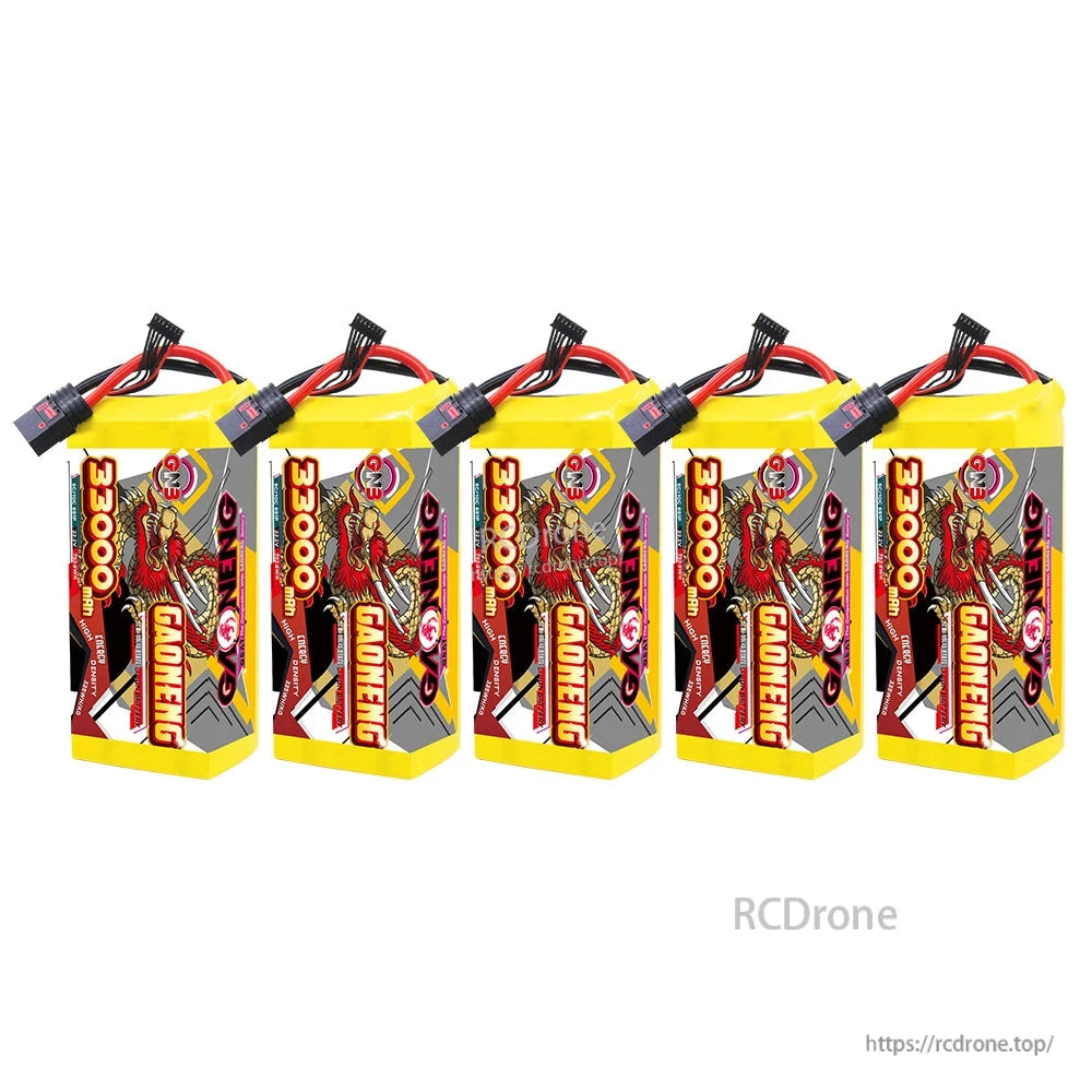 Five-pack bundle of GAONENG 33000mAh 6S batteries lined up with QS8 connectors
