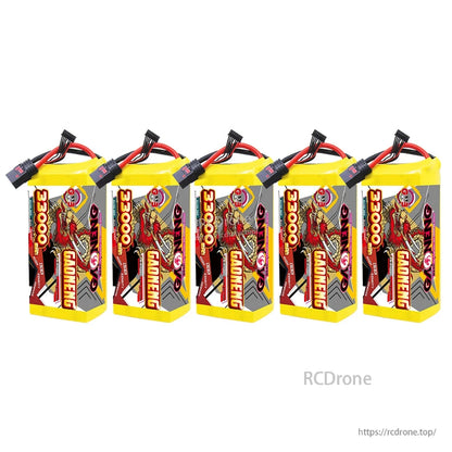 Five-pack bundle of GAONENG 33000mAh 6S batteries lined up with QS8 connectors